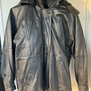 Women's Black Leather Vintage Jacket with Faux Fur Lined Hood